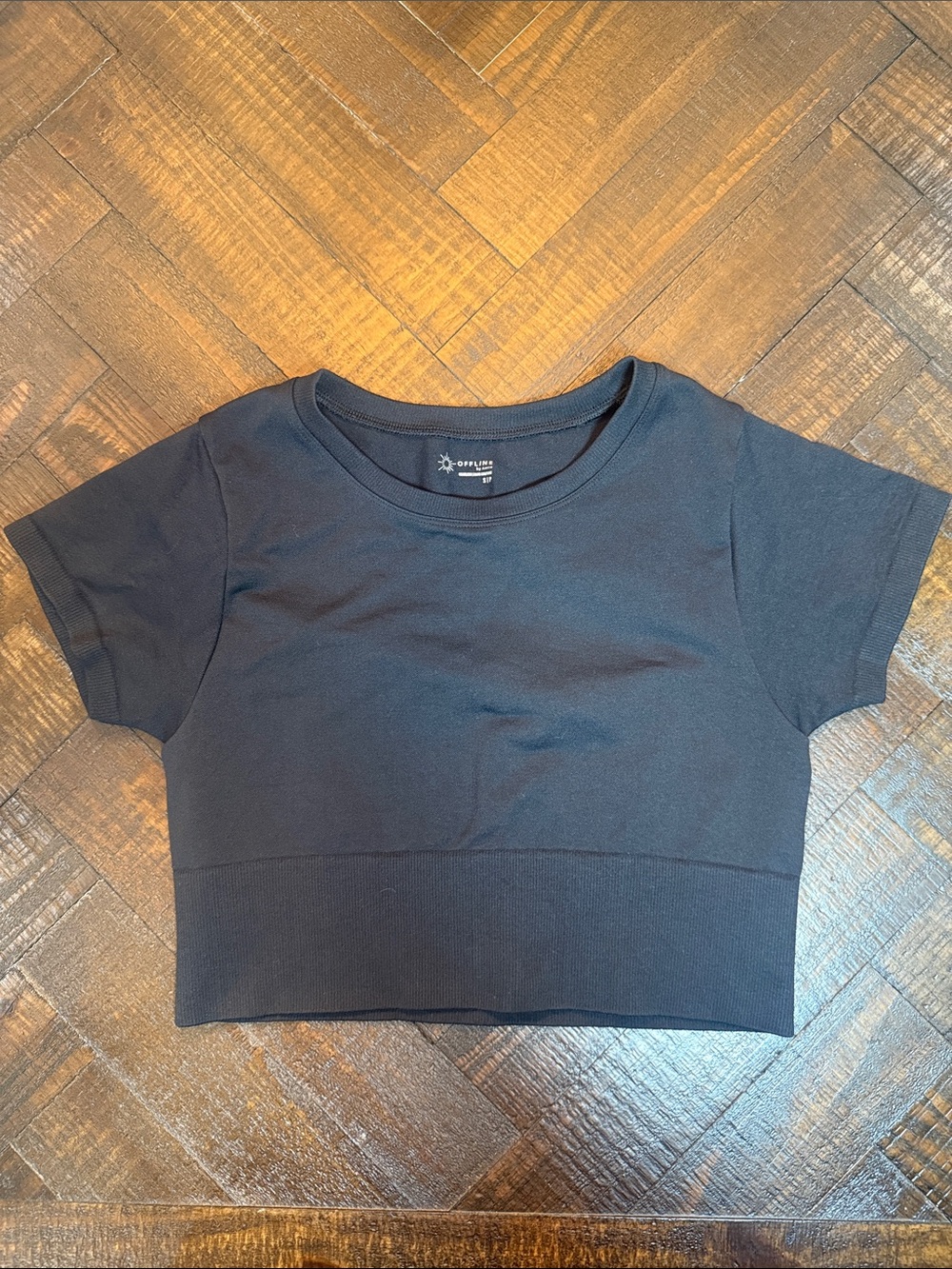 💜OFFLINE By Aerie Seamless Black Cropped Tee‎ Small Athleisure
